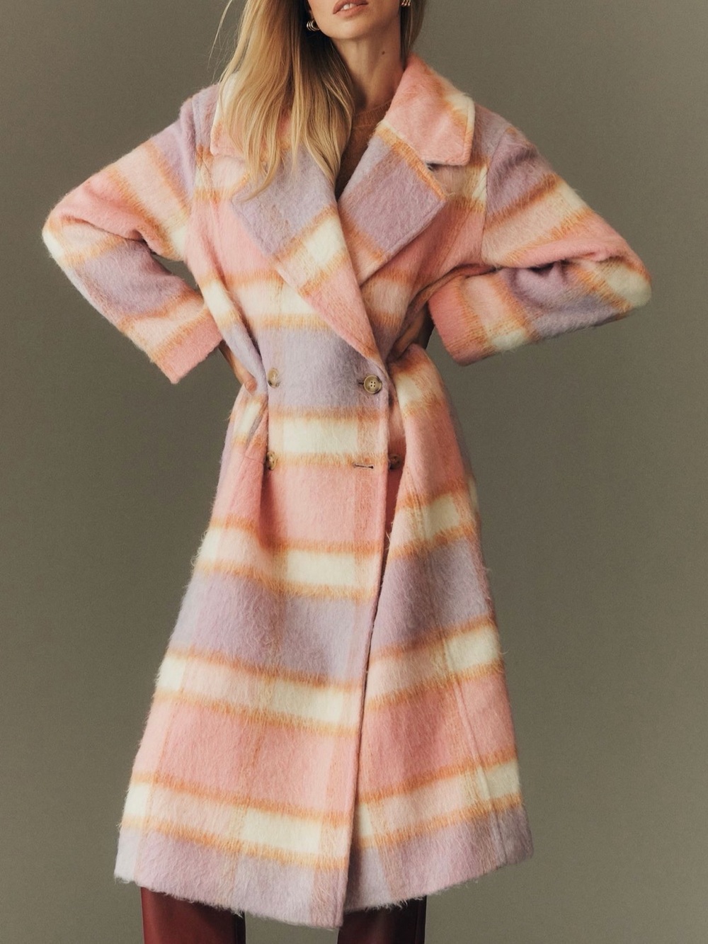 Anthropologie Maeve Pastel Plaid Long Faux Fur Peacoat Winter Coat - Large - Picture 3 of 9